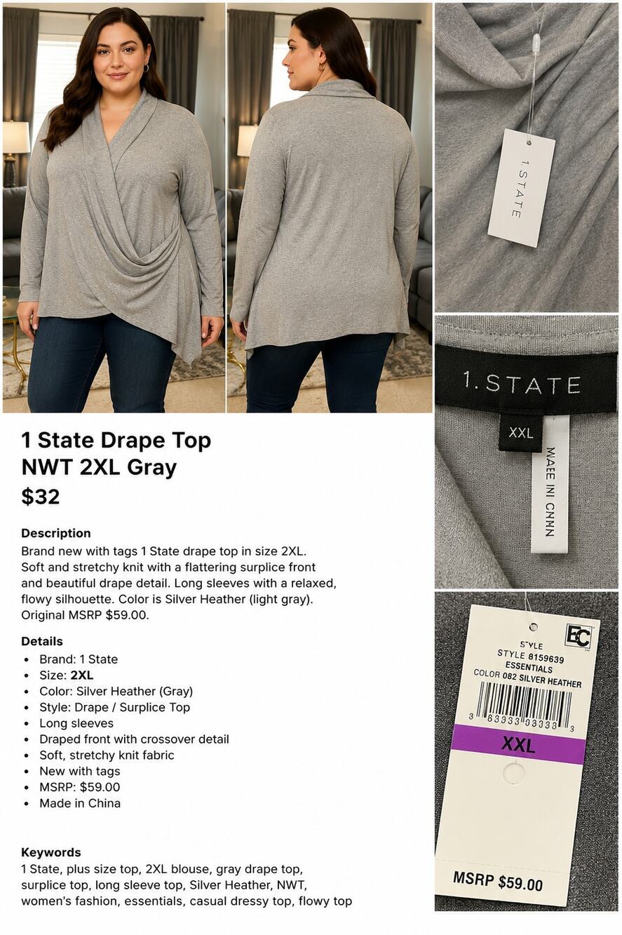 NWT 1.STATE Silver Heather Drape Front Cardigan Top 2XL